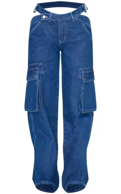 Indigo Cut Out Asymmetric Waistband Cargo Jeans