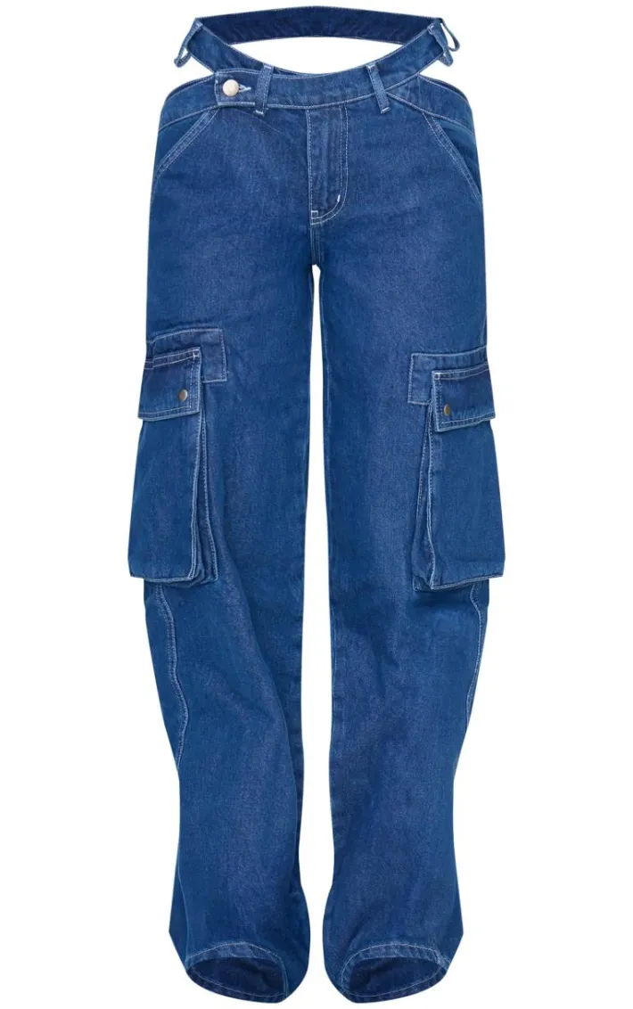 Indigo Cut Out Asymmetric Waistband Cargo Jeans