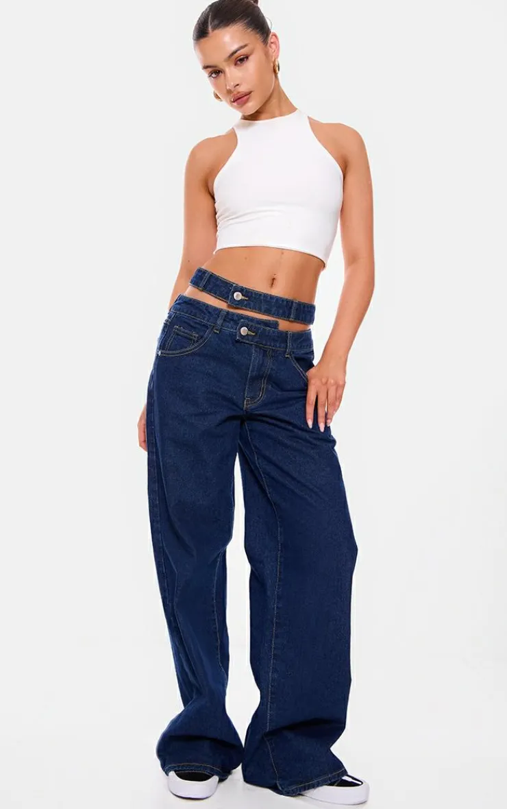 Discount PrettyLittleThing Cut Out Detail Cargo Pocket Wide Leg Jeans Indigo