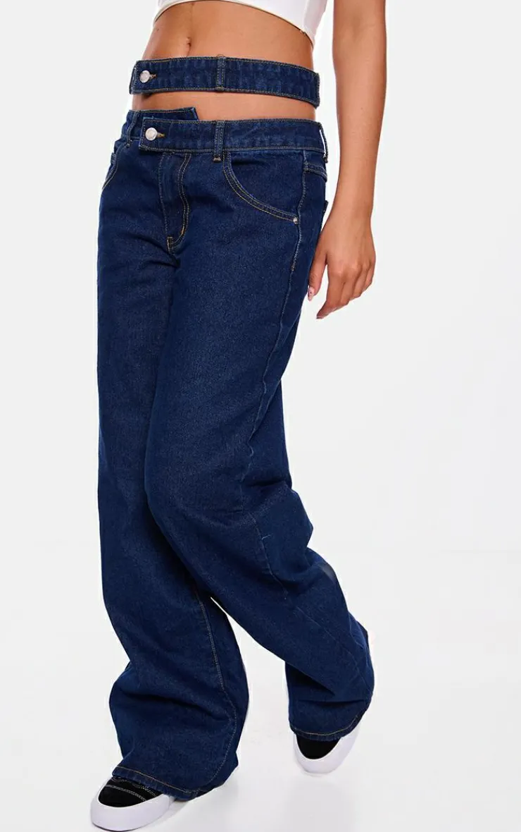 Discount PrettyLittleThing Cut Out Detail Cargo Pocket Wide Leg Jeans Indigo