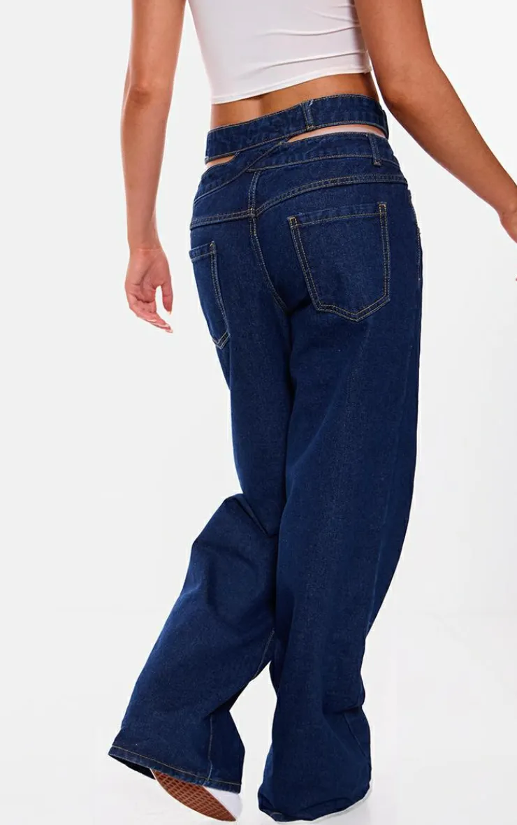 Discount PrettyLittleThing Cut Out Detail Cargo Pocket Wide Leg Jeans Indigo