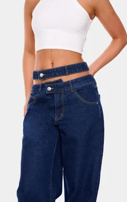Discount PrettyLittleThing Cut Out Detail Cargo Pocket Wide Leg Jeans Indigo