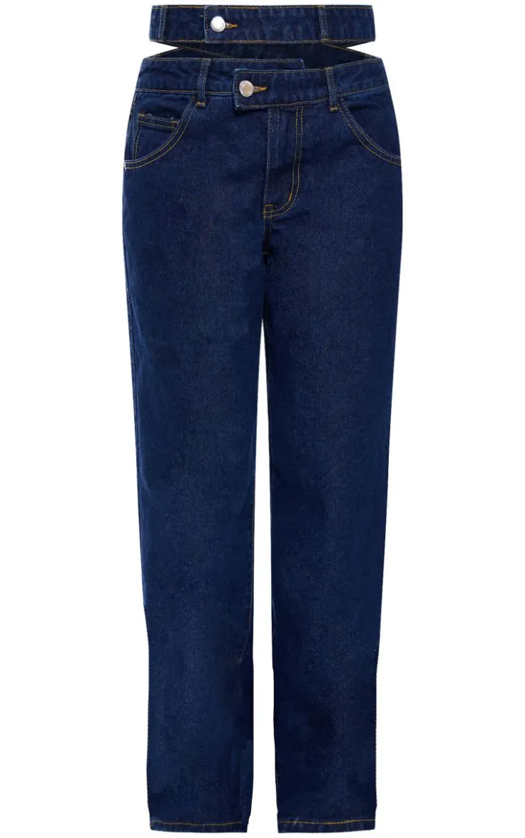 Discount PrettyLittleThing Cut Out Detail Cargo Pocket Wide Leg Jeans Indigo
