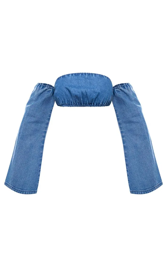 Indigo Denim Bardot Long Sleeve Crop Top