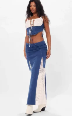 Sale PrettyLittleThing Denim Lace Insert Maxi Skirt Indigo