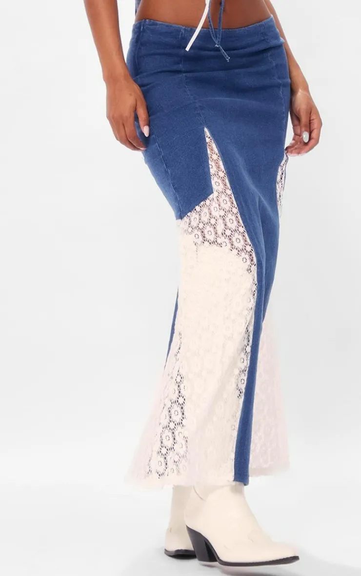 Sale PrettyLittleThing Denim Lace Insert Maxi Skirt Indigo