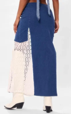 Sale PrettyLittleThing Denim Lace Insert Maxi Skirt Indigo