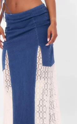 Sale PrettyLittleThing Denim Lace Insert Maxi Skirt Indigo