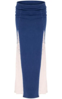 Sale PrettyLittleThing Denim Lace Insert Maxi Skirt Indigo