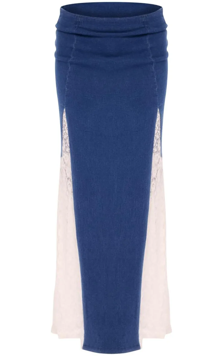 Sale PrettyLittleThing Denim Lace Insert Maxi Skirt Indigo
