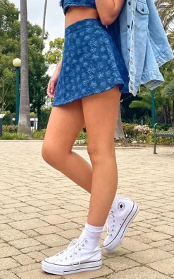 Sale PrettyLittleThing Floral Print Denim A Line Mini Skirt Indigo