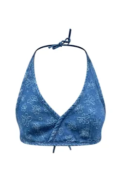 Outlet PrettyLittleThing Floral Print Halterneck Bralet Indigo