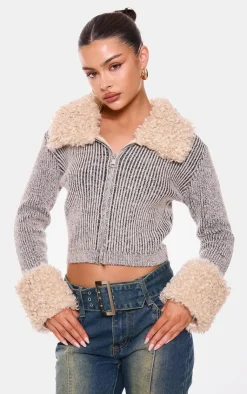 PrettyLittleThing Cardigans*Fur Trim Detail Double Zip Cardigan