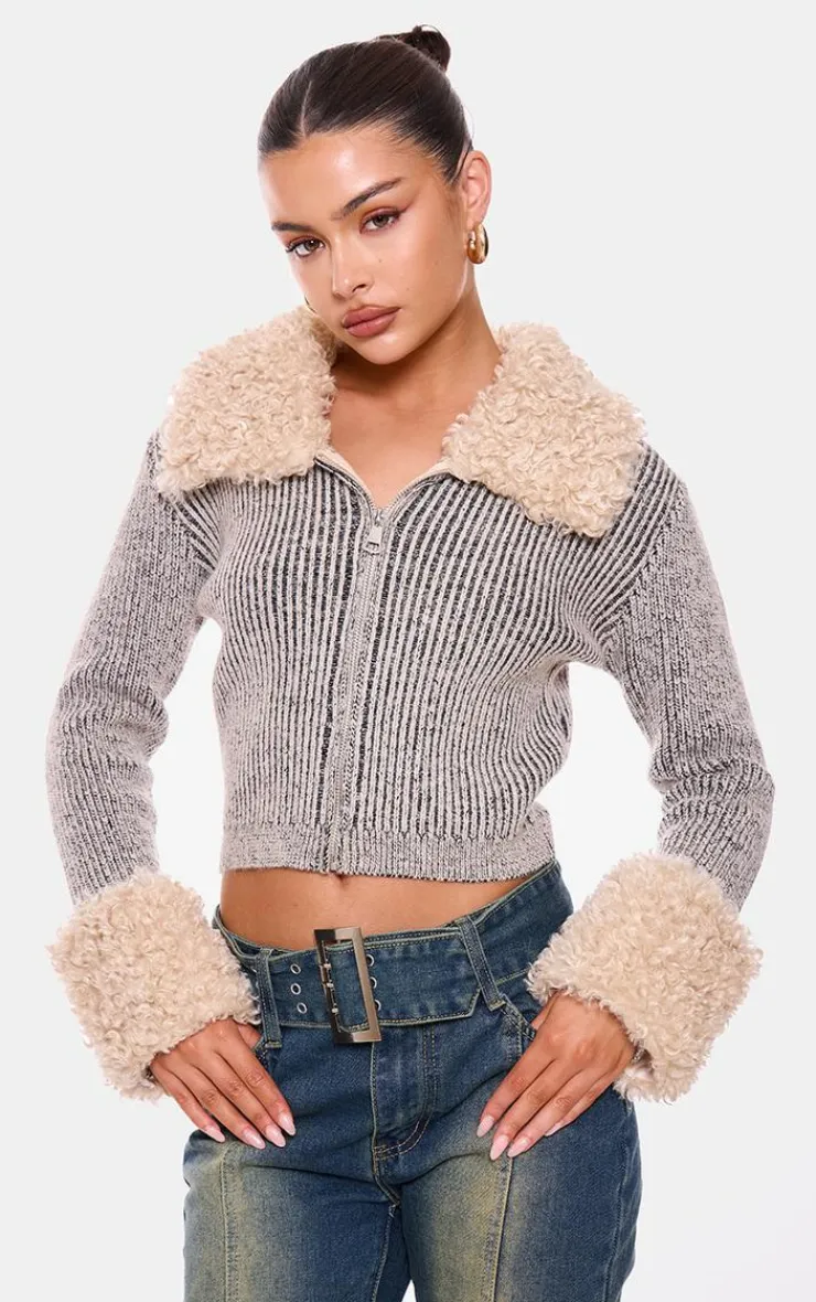 PrettyLittleThing Cardigans*Fur Trim Detail Double Zip Cardigan