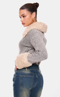 PrettyLittleThing Cardigans*Fur Trim Detail Double Zip Cardigan