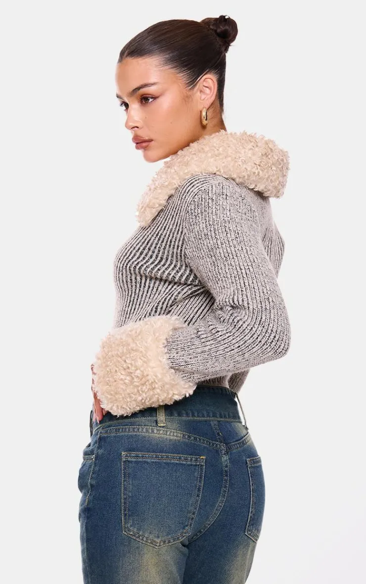PrettyLittleThing Cardigans*Fur Trim Detail Double Zip Cardigan