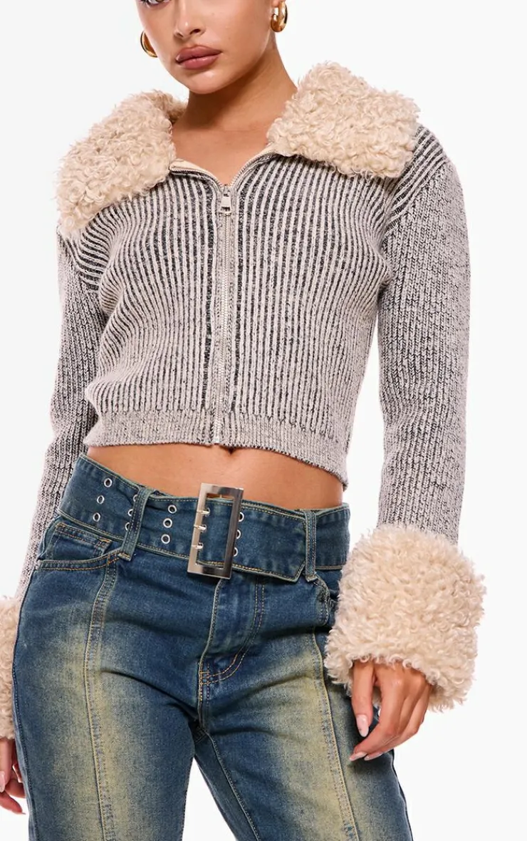 PrettyLittleThing Cardigans*Fur Trim Detail Double Zip Cardigan