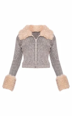 PrettyLittleThing Cardigans*Fur Trim Detail Double Zip Cardigan