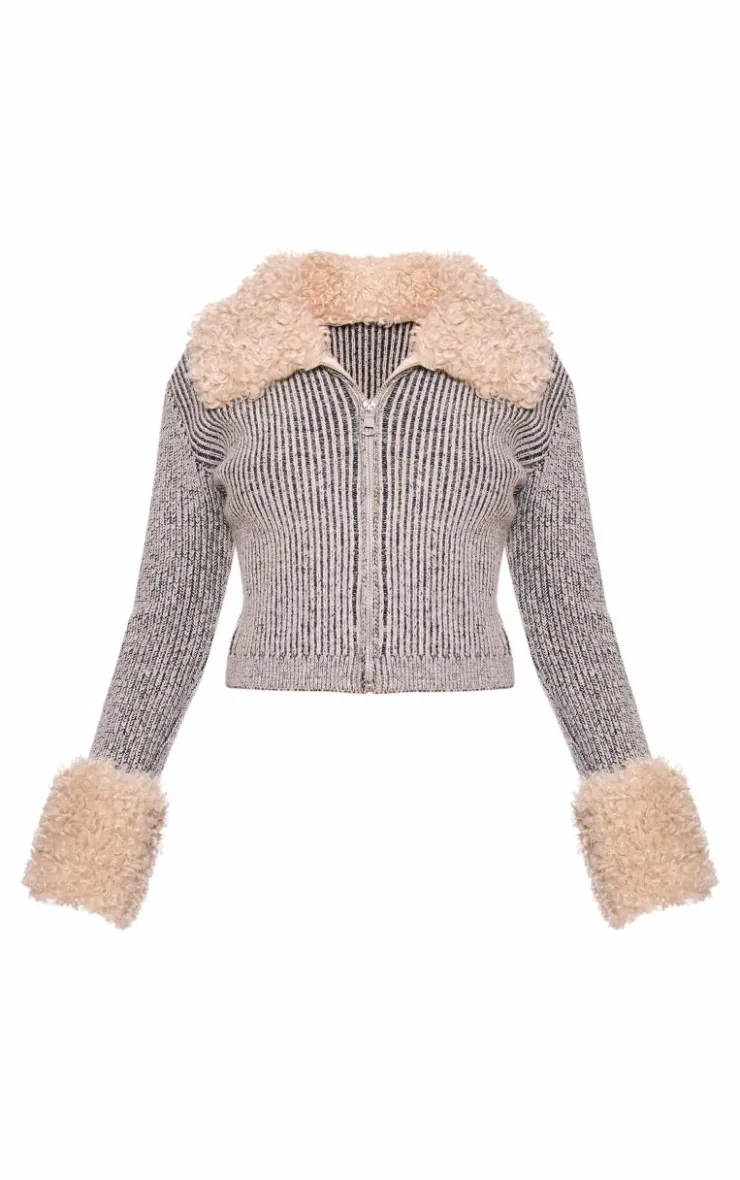 PrettyLittleThing Cardigans*Fur Trim Detail Double Zip Cardigan