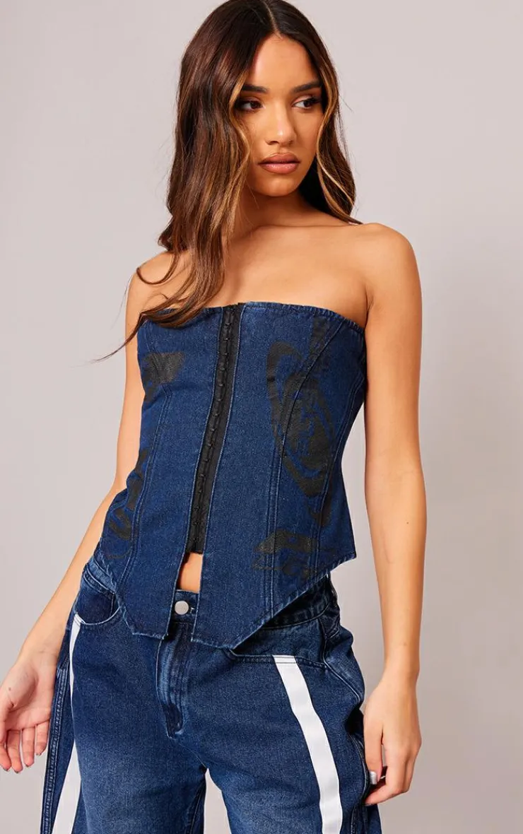 Online PrettyLittleThing Graphic Hook And Eye Bandeau Denim Top Indigo