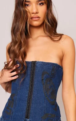 Online PrettyLittleThing Graphic Hook And Eye Bandeau Denim Top Indigo