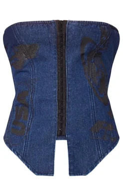 Online PrettyLittleThing Graphic Hook And Eye Bandeau Denim Top Indigo