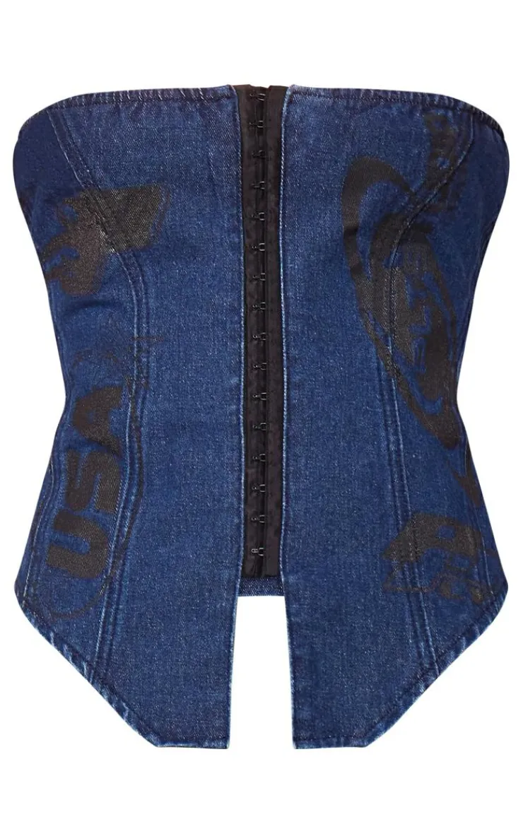 Online PrettyLittleThing Graphic Hook And Eye Bandeau Denim Top Indigo