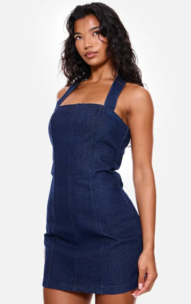 Halterneck Denim Mini Dress-PrettyLittleThing Discount