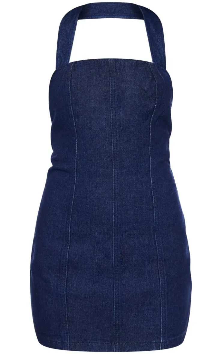 Halterneck Denim Mini Dress-PrettyLittleThing Discount