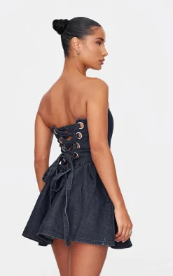 Lace Up Back Denim Puffball Dress-PrettyLittleThing Outlet