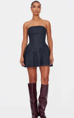 Lace Up Back Denim Puffball Dress-PrettyLittleThing Outlet