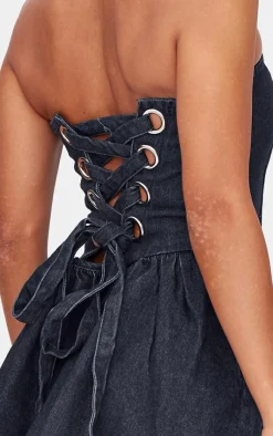 Lace Up Back Denim Puffball Dress-PrettyLittleThing Outlet