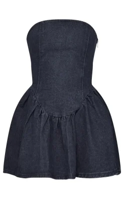 Lace Up Back Denim Puffball Dress-PrettyLittleThing Outlet