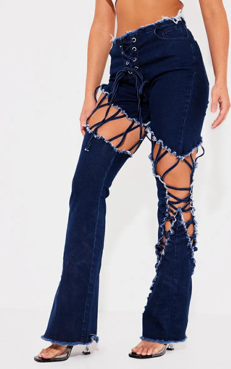 Lace Up Extreme Detail Flared Jeans-PrettyLittleThing Discount