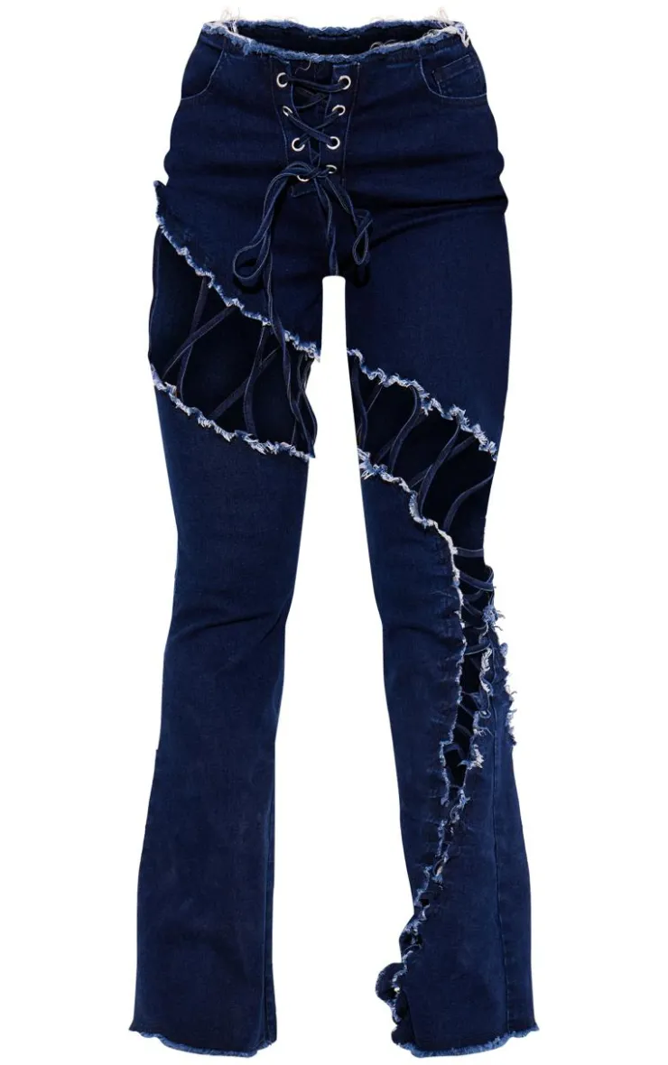 Lace Up Extreme Detail Flared Jeans-PrettyLittleThing Discount