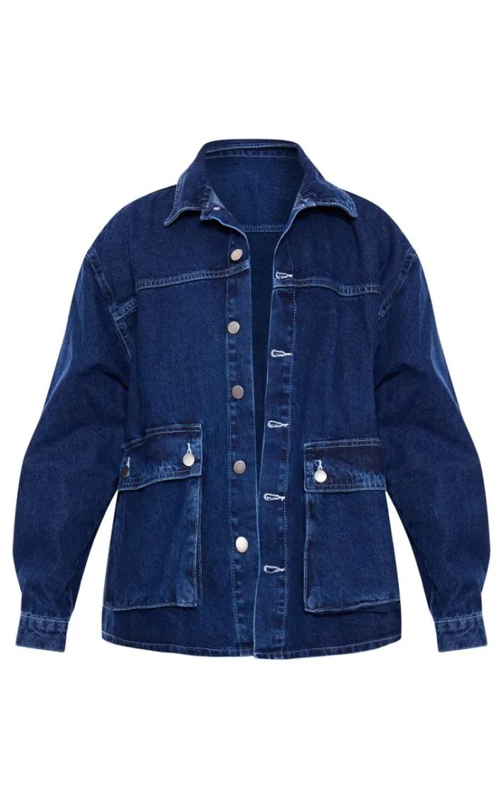 Indigo Oversized Button Up Pocket Detail Denim Shacket