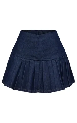 Clearance PrettyLittleThing Pleated Deep Waistband Denim Mini Skirt Indigo
