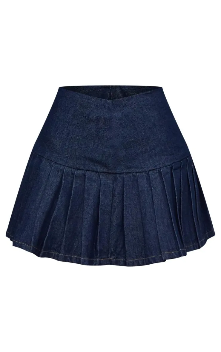 Clearance PrettyLittleThing Pleated Deep Waistband Denim Mini Skirt Indigo