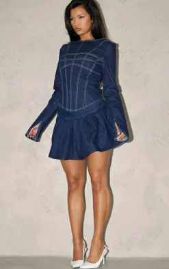 Outlet PrettyLittleThing Pleated Denim Mini Skirt Indigo