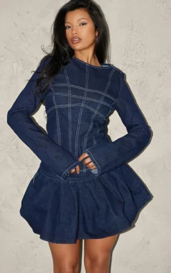 Outlet PrettyLittleThing Pleated Denim Mini Skirt Indigo
