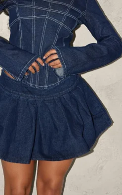 Outlet PrettyLittleThing Pleated Denim Mini Skirt Indigo