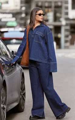 PrettyLittleThing Pocket Detail Open Long Sleeve Shirt Indigo
