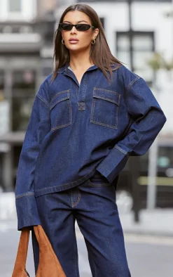 PrettyLittleThing Pocket Detail Open Long Sleeve Shirt Indigo
