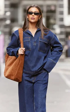 PrettyLittleThing Pocket Detail Open Long Sleeve Shirt Indigo