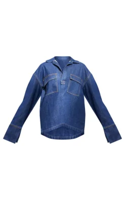 PrettyLittleThing Pocket Detail Open Long Sleeve Shirt Indigo