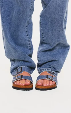 PrettyLittleThing Slides*Printed Denim Buckle Strap Slides