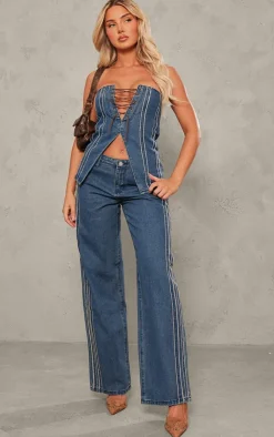 Hot PrettyLittleThing Raw Stripe Detail Straight Leg Jeans Indigo