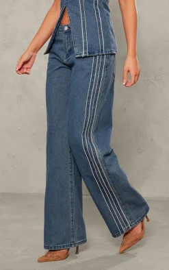 Hot PrettyLittleThing Raw Stripe Detail Straight Leg Jeans Indigo