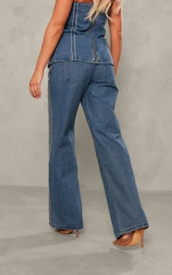 Hot PrettyLittleThing Raw Stripe Detail Straight Leg Jeans Indigo