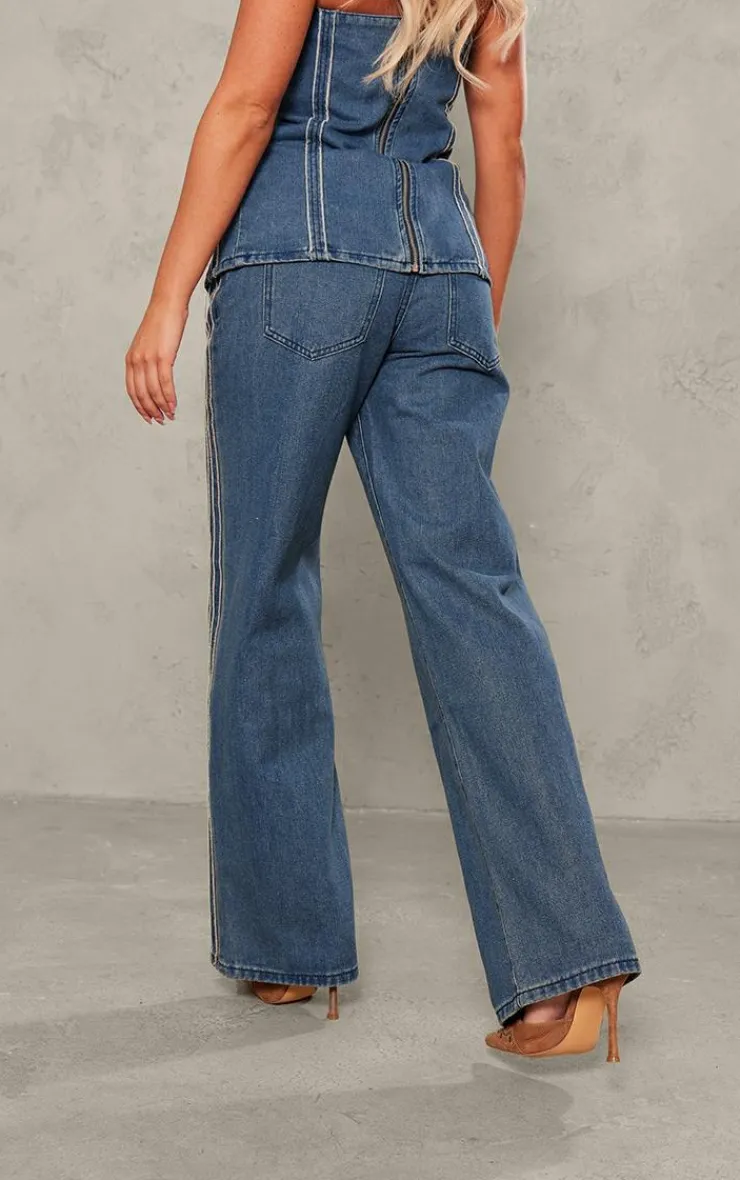 Hot PrettyLittleThing Raw Stripe Detail Straight Leg Jeans Indigo